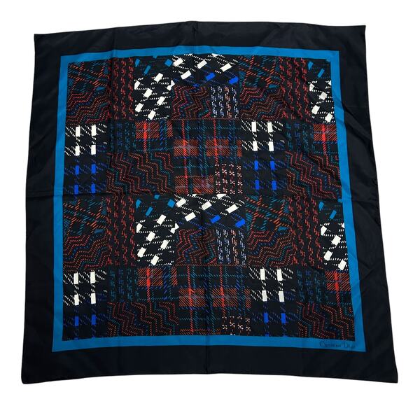 Christian Dior Vintage Blue Plaid Silk Square Scarf - Picture 1 of 5